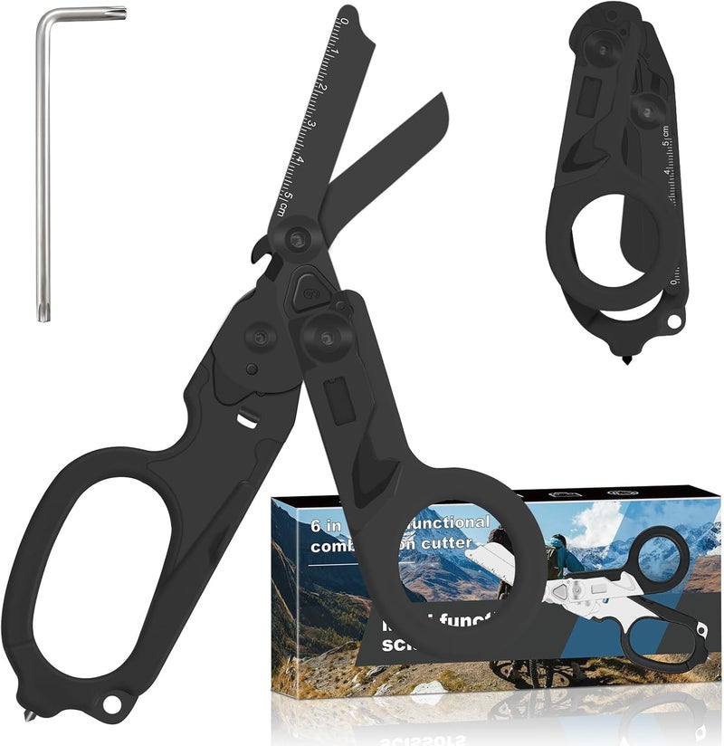 Lemasa 6 in 1 Multifunctional Combination Tool, Folding Retractable Emergency Shears, Outdoor Camping Tools, Seat Belt Cutter, Oxygen Cylinder Wrench, Complimentary Adjustable Wrench (Electroplating black) - Image 1